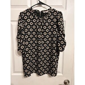 Loft Womens Large Blouse Short Sleeve Shirt Geometric Design Ruffle Business